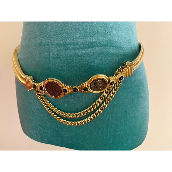 Vintage Judith Leiber Gold Chain Stretch Belt Double Coin Medallion Snake L-XL main image 5